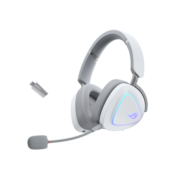 Casque gaming sans fil ROG Delta II en blanc, avec micro détachable et rétroéclairage RGB triangulaire.